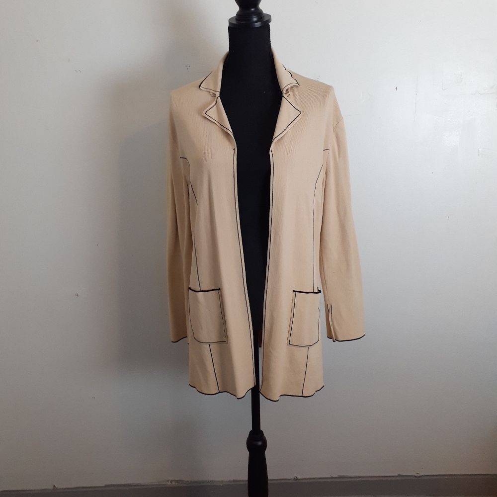 BCBG MaxAzria Open Front Cardigan Pockets Beige Black Trim Collared